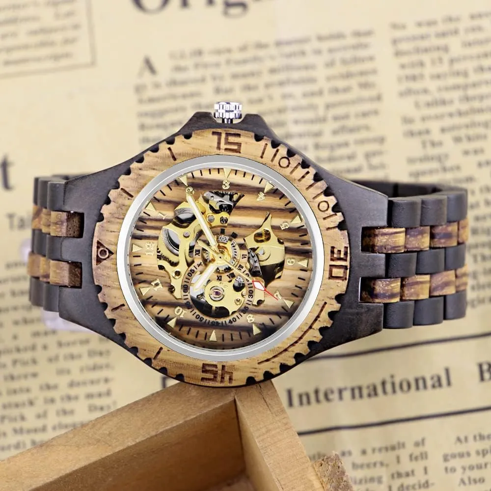 Wood Watches for Men Dentily easily superintendent Men's Wooden Watch Triangle Skeleton Automatic Watch Mechanical 