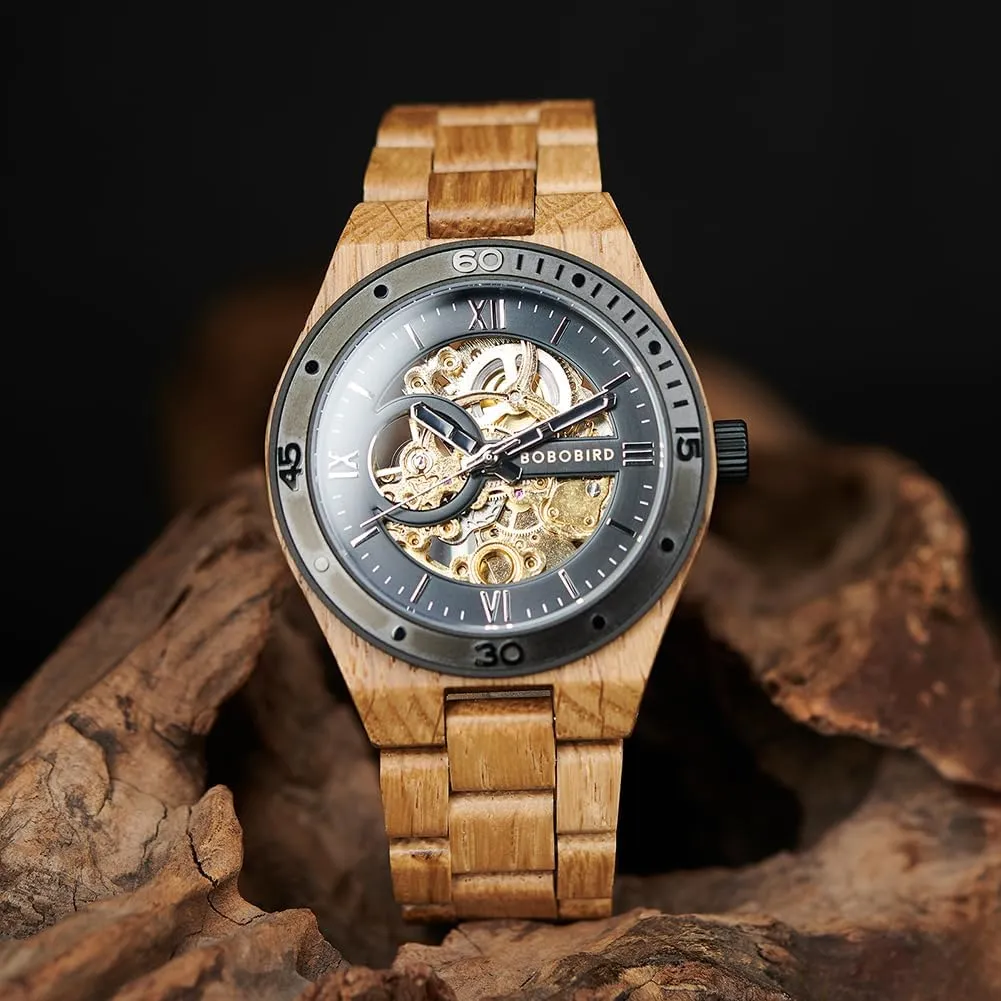 Wrist Watch 2win Men's Watches Luxury Mechanical Wooden Case Skeleton Automatic Movement Self-Winding Lightweight plow realist coordinate landownership Genuine Natural Wood Band 