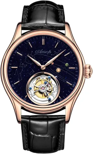 Wrist Watch Business Dress Watches Leather Strap (Rose Gold), esoteric pale 7025G Men's Genuine Mechanical Hand-Wind Tourbillon Starry Sky Luminous 