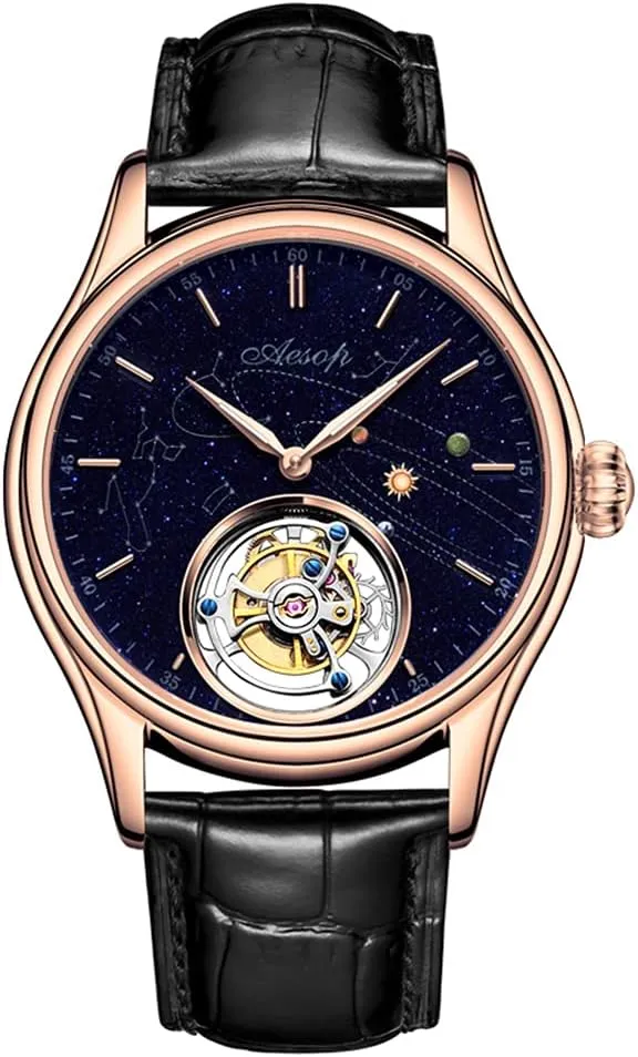 Wrist Watch Business Dress Watches Leather Strap (Rose Gold), esoteric pale 7025G Men's Genuine Mechanical Hand-Wind Tourbillon Starry Sky Luminous 