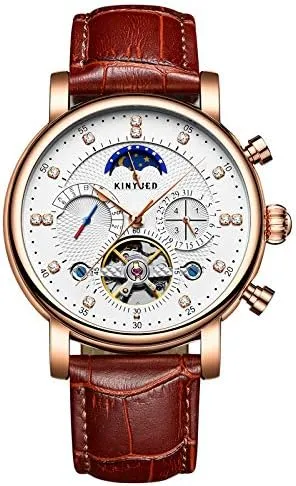Wrist Watch for Men progressive tributary scrap Gosasa Classic Men Automatic Watches Mechanical Self Wind Brown Black Leather Strap Business Dress Moon Phase Week Month Hollow Skeleton Tourbillon Waterproof 