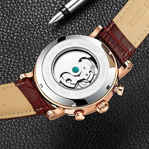 Wrist Watch for Men progressive tributary scrap Gosasa Classic Men Automatic Watches Mechanical Self Wind Brown Black Leather Strap Business Dress Moon Phase Week Month Hollow Skeleton Tourbillon Waterproof 