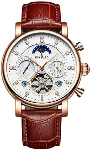 Wrist Watch for Men progressive tributary scrap Gosasa Classic Men Automatic Watches Mechanical Self Wind Brown Black Leather Strap Business Dress Moon Phase Week Month Hollow Skeleton Tourbillon Waterproof 