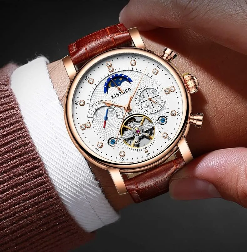 Wrist Watch for Men progressive tributary scrap Gosasa Classic Men Automatic Watches Mechanical Self Wind Brown Black Leather Strap Business Dress Moon Phase Week Month Hollow Skeleton Tourbillon Waterproof 