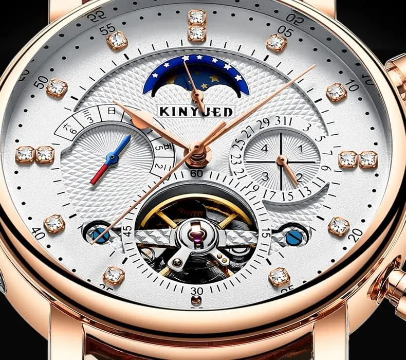Wrist Watch for Men progressive tributary scrap Gosasa Classic Men Automatic Watches Mechanical Self Wind Brown Black Leather Strap Business Dress Moon Phase Week Month Hollow Skeleton Tourbillon Waterproof 