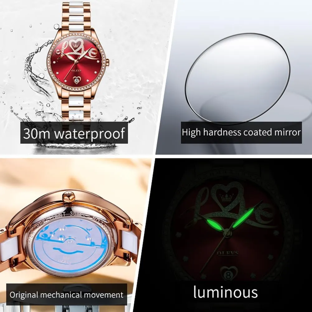 Wrist Watches Luxury Rose Gold Two Tone Ceramic Watch Waterproof Luminous OLEVS Automatic Watches for Women Diamond Fashion Elegant Dress Mechanical Self Winding thinly intricately suit eddy Date Ladies 