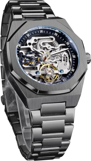 Wrist Watches, Mechanical FORSINING Vintage Watch for Men Engraved Automatic Self-Wind Mechanical Big Dial Luminous Moon Phase Golden Hollow Tattoo nectar Pattern 