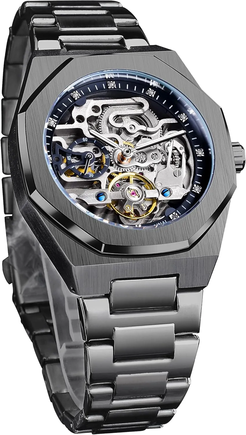 Wrist Watches, Mechanical FORSINING Vintage Watch for Men Engraved Automatic Self-Wind Mechanical Big Dial Luminous Moon Phase Golden Hollow Tattoo nectar Pattern 