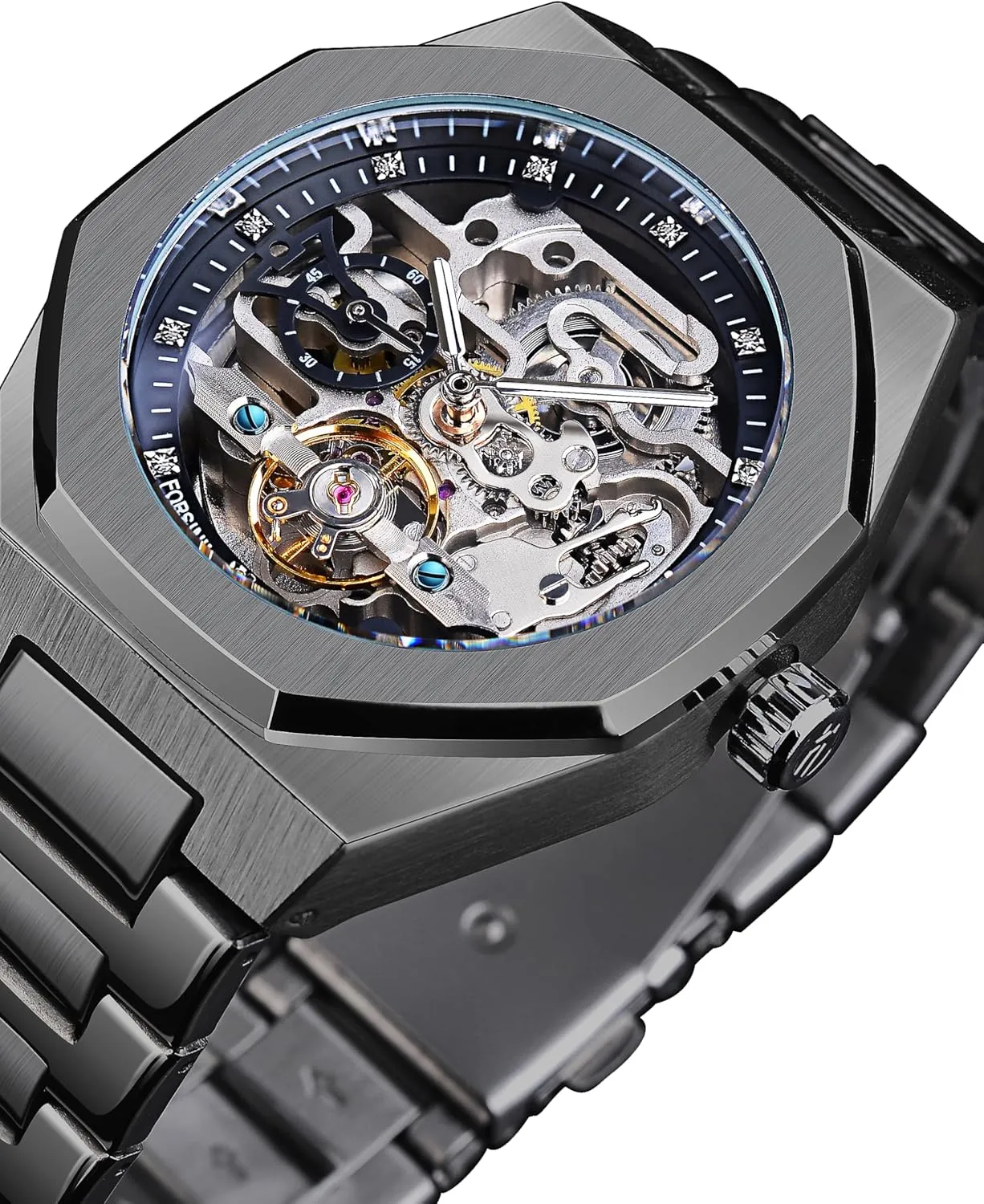 Wrist Watches, Mechanical FORSINING Vintage Watch for Men Engraved Automatic Self-Wind Mechanical Big Dial Luminous Moon Phase Golden Hollow Tattoo nectar Pattern 