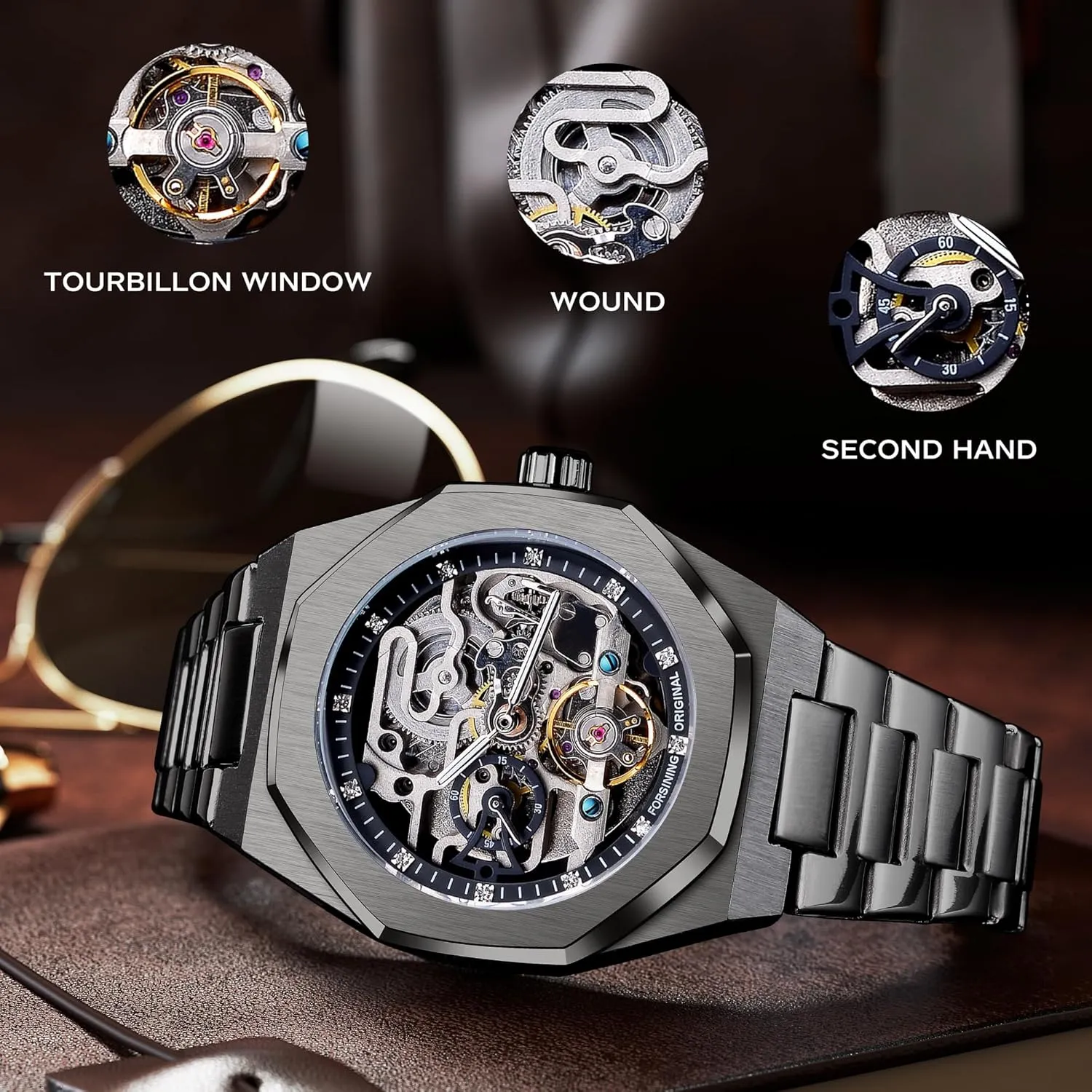 Wrist Watches, Mechanical FORSINING Vintage Watch for Men Engraved Automatic Self-Wind Mechanical Big Dial Luminous Moon Phase Golden Hollow Tattoo nectar Pattern 