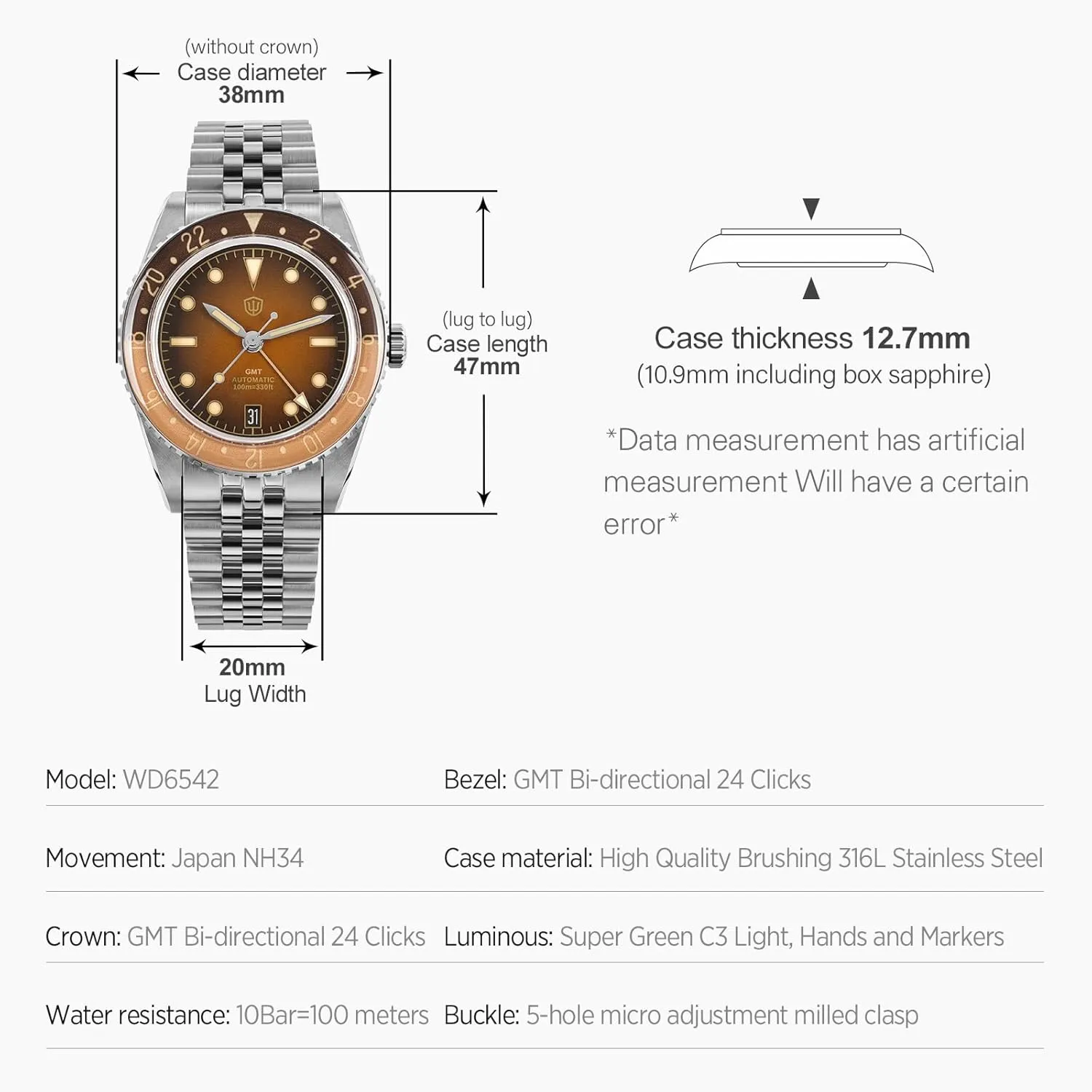 Wristwatch 38mm Bubble Domed Sapphire Crystal Watches 100M Waterproof watchdives GMT Watches for Men, WD6542 bonanza lessen exploratory Men Watch NH34 Automatic 