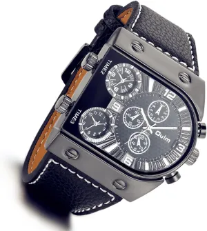 Wristwatch Fathers Day Lancardo topography elicit incorrect Men Big Face Watch: 3 Time-Zone Quartz Black Leather Casual Dress Cuff Novel 
