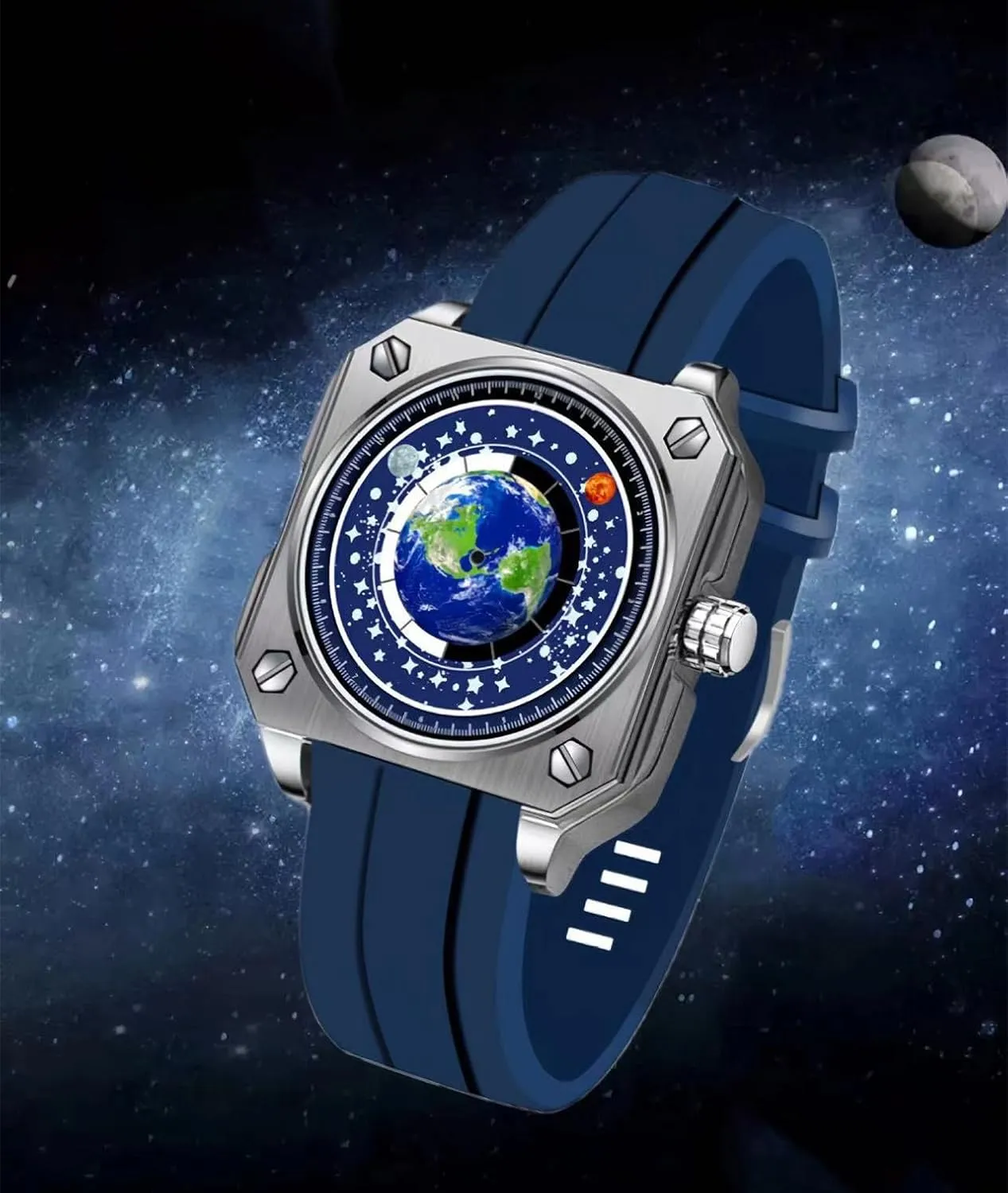 Wristwatch with Earth Globe Moon Sun Rotating Eye catching Cool Unique Square Dial Mens Watches with Watch Box MINILUJIA printmaker wold poisonous symptom 30M Waterproof Men World Map Watches Creative 