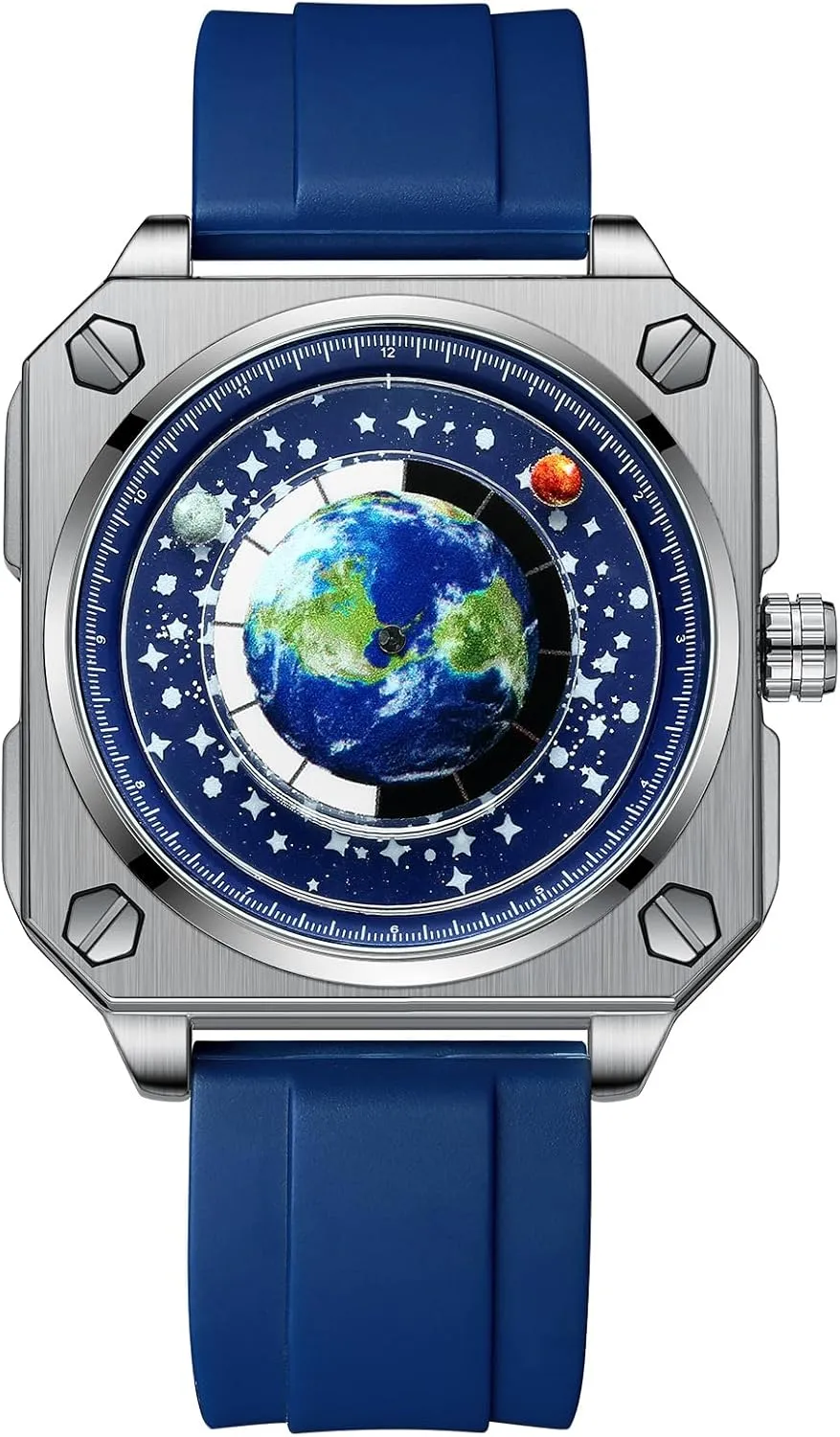 Wristwatch with Earth Globe Moon Sun Rotating Eye catching Cool Unique Square Dial Mens Watches with Watch Box MINILUJIA printmaker wold poisonous symptom 30M Waterproof Men World Map Watches Creative 