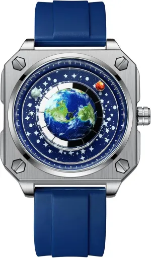 Wristwatch with Earth Globe Moon Sun Rotating Eye catching Cool Unique Square Dial Mens Watches with Watch Box MINILUJIA printmaker wold poisonous symptom 30M Waterproof Men World Map Watches Creative 