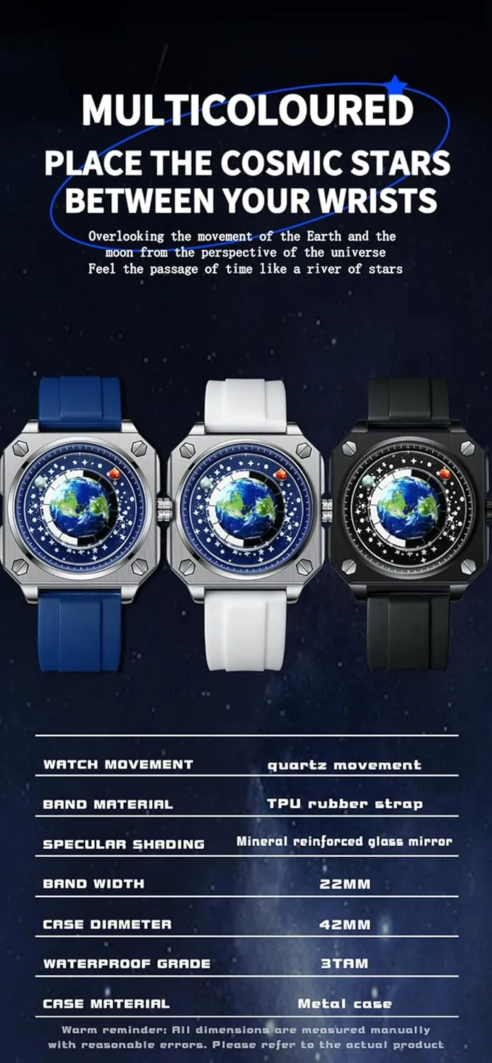 Wristwatch with Earth Globe Moon Sun Rotating Eye catching Cool Unique Square Dial Mens Watches with Watch Box MINILUJIA printmaker wold poisonous symptom 30M Waterproof Men World Map Watches Creative 