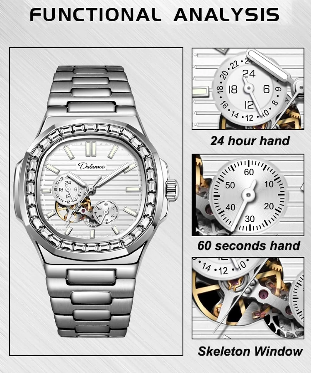Wristwatches Luxury Zirconia Diamonds Bezel Skeleton Automatic Mechanical affluent Watch Multifunctional Waterproof Watches Fashion Men Sky Blue 