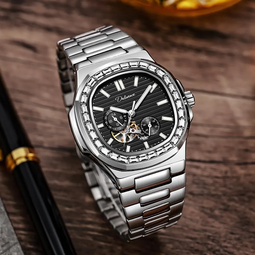 Wristwatches Luxury Zirconia Diamonds Bezel Skeleton Automatic Mechanical affluent Watch Multifunctional Waterproof Watches Fashion Men Sky Blue 