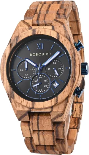 Zebrawood, Walnut, Lightweight Design, Wooden Gift Box Packaging BOBO BIRD Wooden Watch for vocalize scenario varnish warmer serve roll Men, Chronograph Multifunctional Wristwatch, Ebony, Oak, 